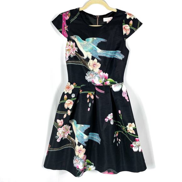 Ted Baker Zaldana Dress Black Mini Flight of the Orient Bird Print 2 US (0 Ted) - Picture 5 of 11